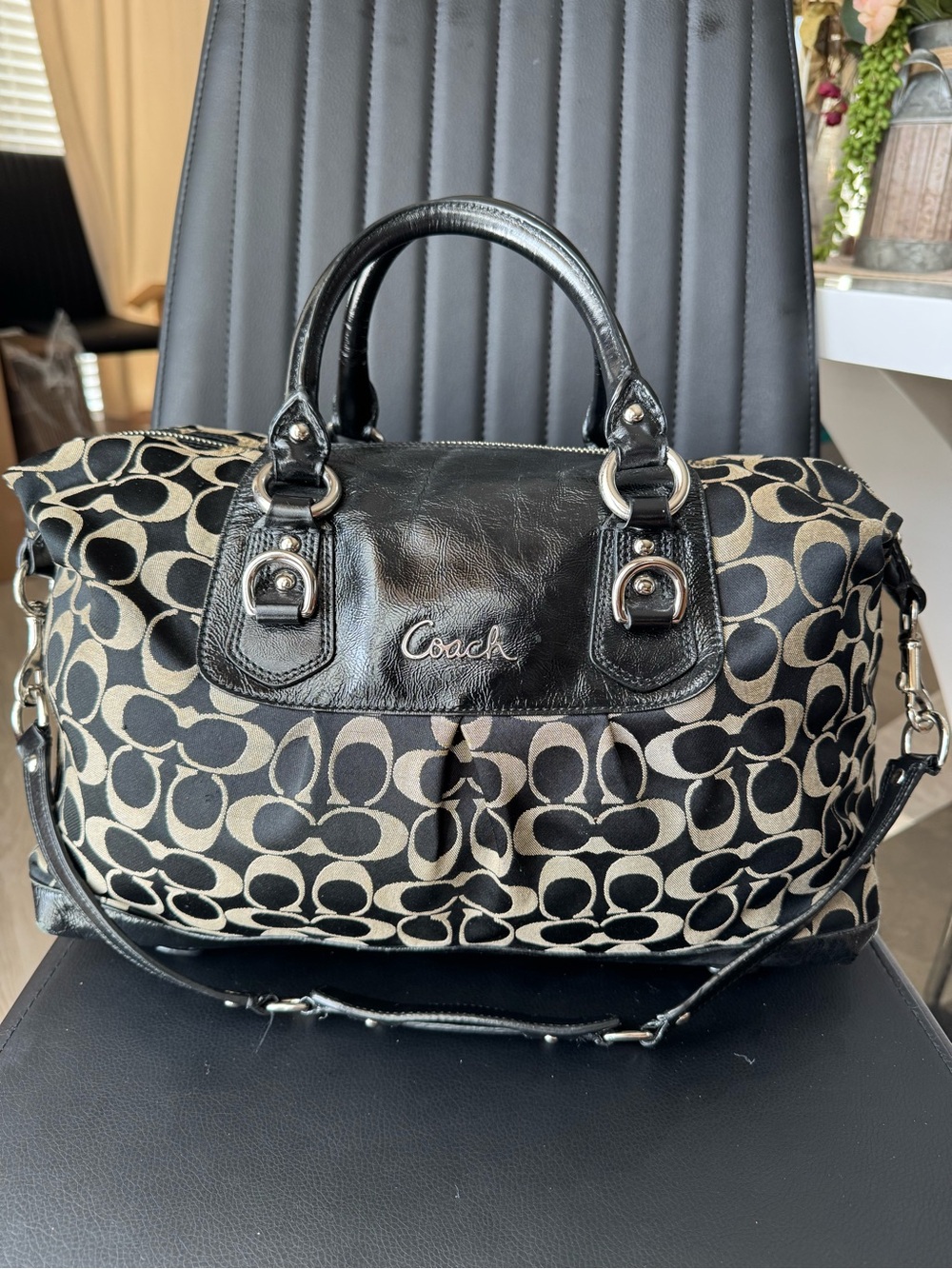 Coach Ashley Signature Sateen Large Satchel with Black Leather Trim